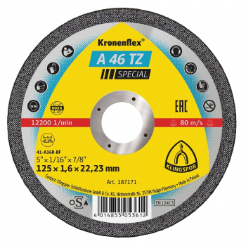 Klingspor A46TZ Cut-Off Wheel 125 x 1.6 x 22mm Flat 187171 Klingspor A46TZ Cut-Off Wheel 125 x 1.6 x 22mm Flat 187171
