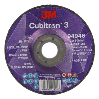 3M Cubitron 3 Cut & Grind Wheel T27 125 x 22 x 4.2mm 94946 3M Cubitron 3 Cut & Grind Wheel T27 125 x 22 x 4.2mm 94946