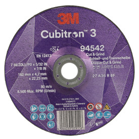 3M Cubitron 3 Cut & Grind Wheel T27 180 x 22 x 4.2mm 94542 3M Cubitron 3 Cut & Grind Wheel T27 180 x 22 x 4.2mm 94542