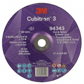 3M Cubitron 3 Cut & Grind Wheel T27 230 x 22 x 4.2mm 94343 3M Cubitron 3 Cut & Grind Wheel T27 230 x 22 x 4.2mm 94343
