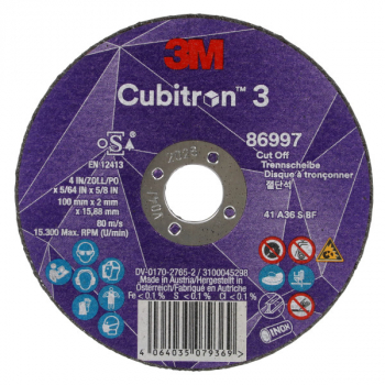 3M Cubitron 3 Cut-Off Wheel T41 100 x 16 x 2mm 86997 3M Cubitron 3 Cut-Off Wheel T41 100 x 16 x 2mm 86997